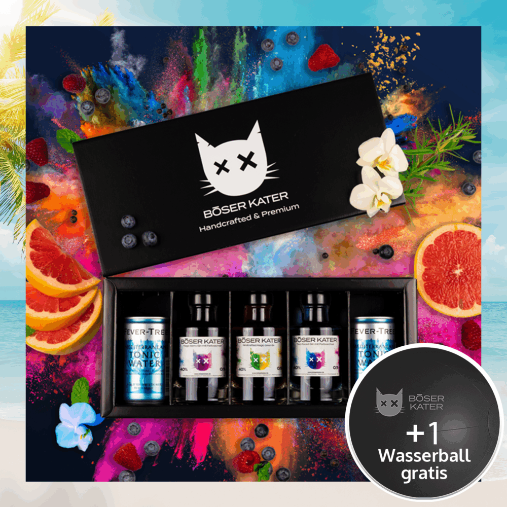 Böser Kater 3er Farbwechsel Gin Tasting-Set / Geschenkbox mit passendem Fever-Tree Tonic Water