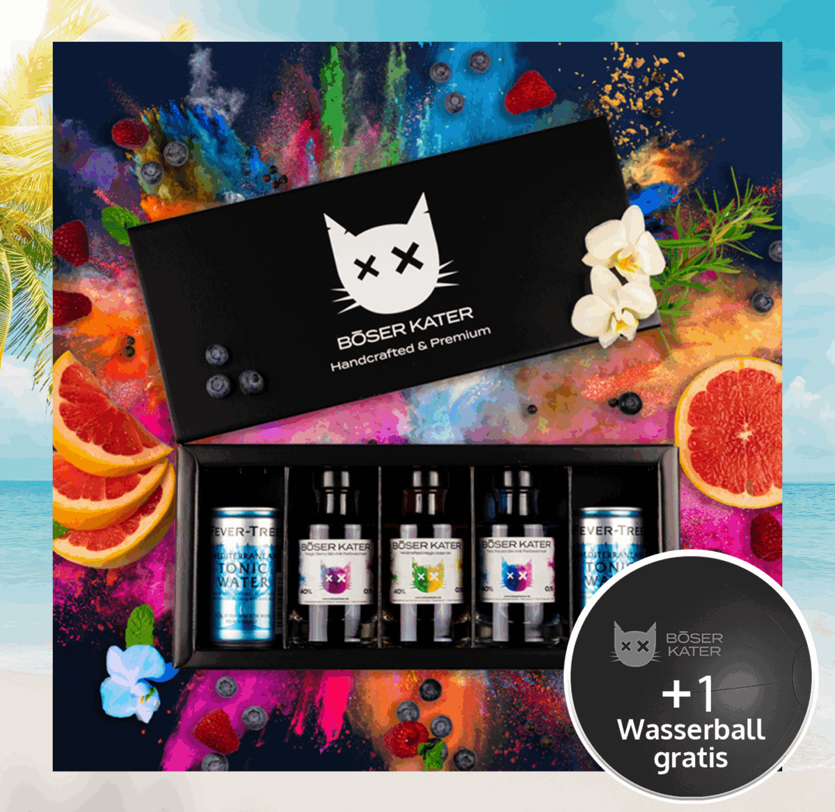 Böser Kater 3er Farbwechsel Gin Tasting-Set / Geschenkbox mit passendem Fever-Tree Tonic Water