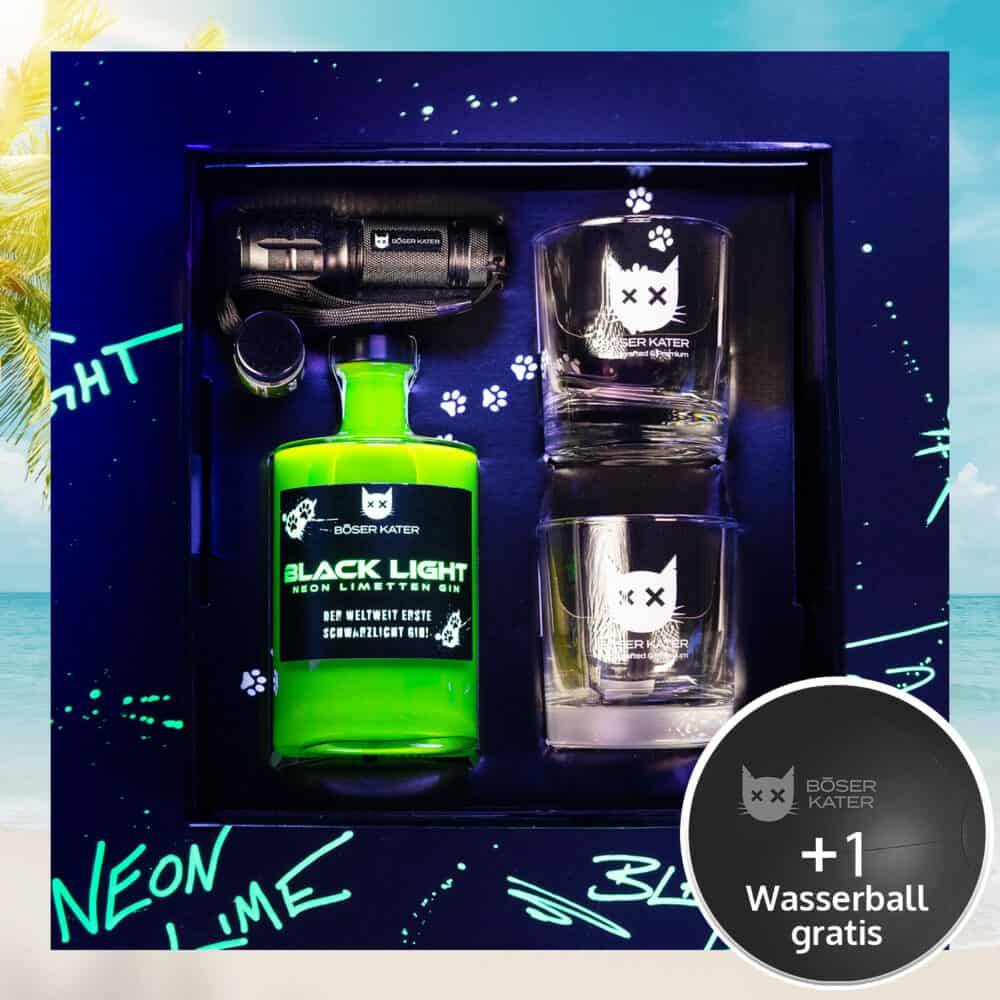 Hochwertiges Geschenkset mit Böser Kater Blacklight Gin, 2 Gläsern & UV-Taschenlampe