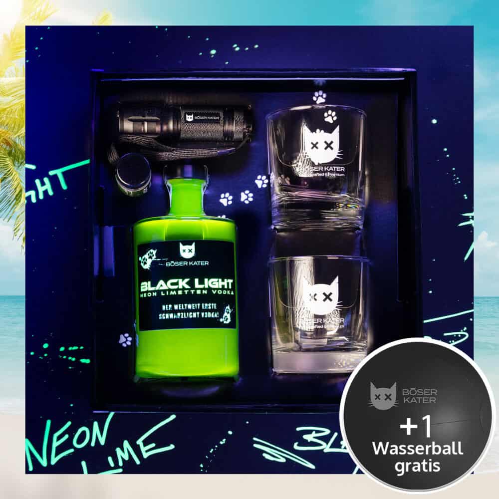 Hochwertiges Geschenkset mit Böser Kater Blacklight Vodka, 2 Gläsern & UV-Taschenlampe