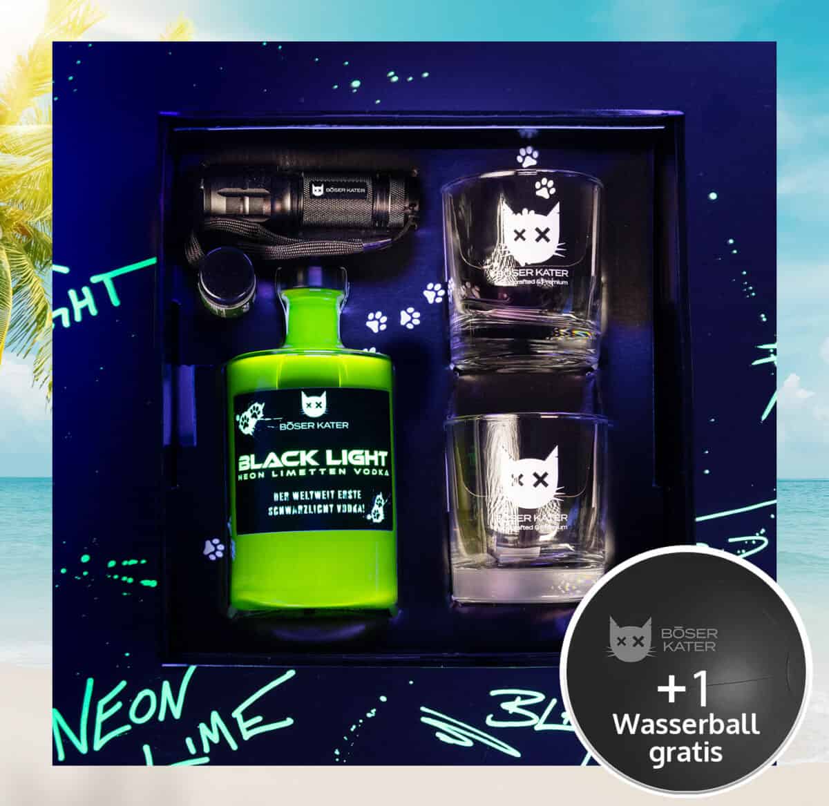 Hochwertiges Geschenkset mit Böser Kater Blacklight Vodka, 2 Gläsern & UV-Taschenlampe