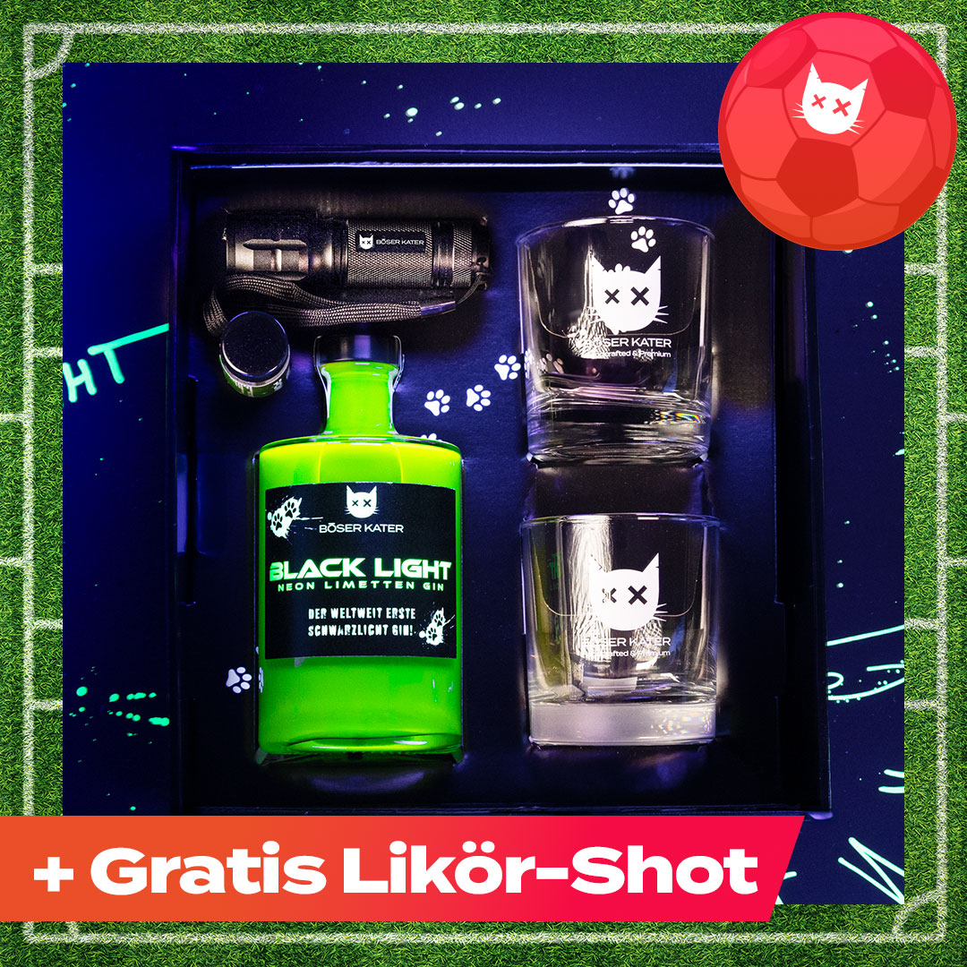 Hochwertiges Geschenkset mit Böser Kater Blacklight Gin, 2 Gläsern & UV-Taschenlampe