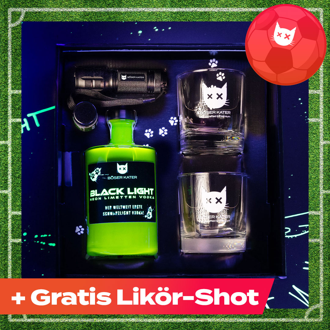 Hochwertiges Geschenkset mit Böser Kater Blacklight Vodka, 2 Gläsern & UV-Taschenlampe