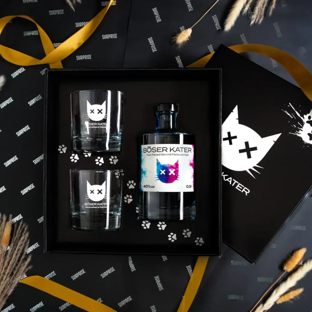 Hochwertiges Gin Geschenkset mit Böser Kater Gläsern