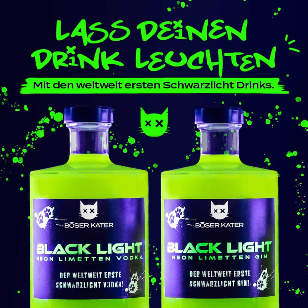 Hochwertiges Geschenkset mit Böser Kater Blacklight Vodka, 2 Gläsern & UV-Taschenlampe – Bild 6
