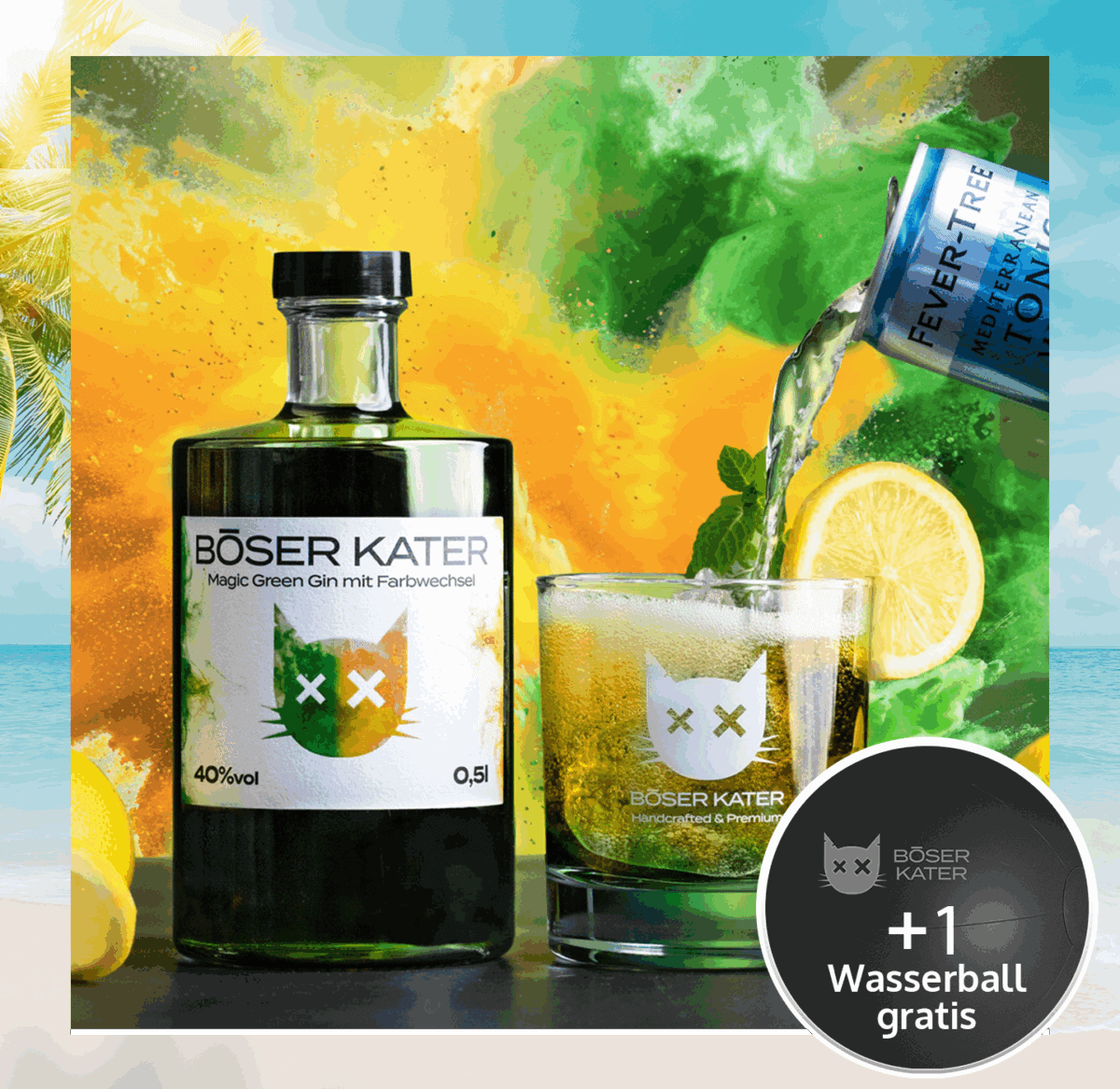 Böser Kater Magic Green Gin mit Farbwechsel von Grün zu Gelb-Orange 40% Vol.