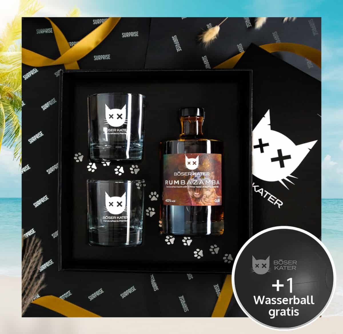 Hochwertiges Rum Geschenkset mit Böser Kater Gläsern
