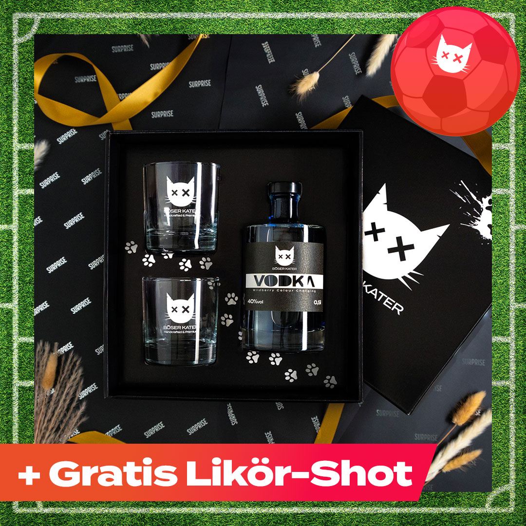 Hochwertiges Vodka Geschenkset mit Böser Kater Gläsern