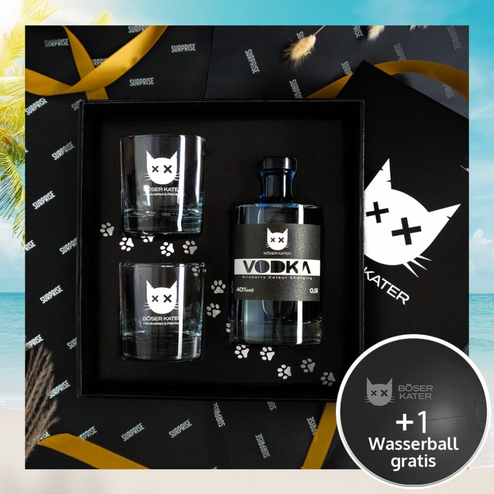 Hochwertiges Vodka Geschenkset mit Böser Kater Gläsern