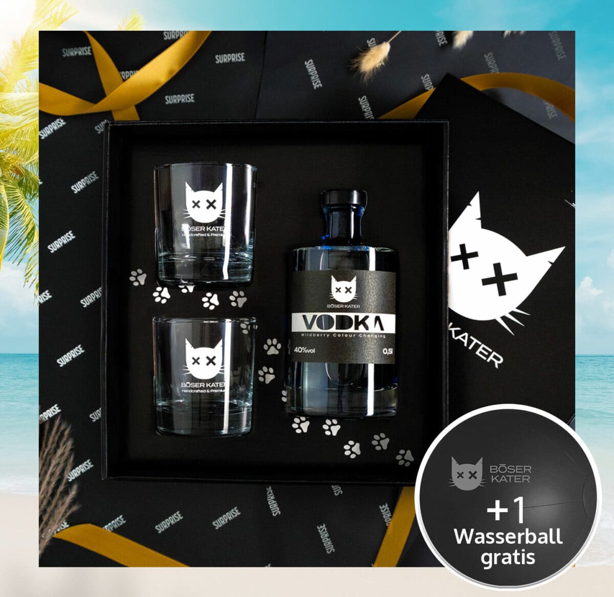 Hochwertiges Vodka Geschenkset mit Böser Kater Gläsern