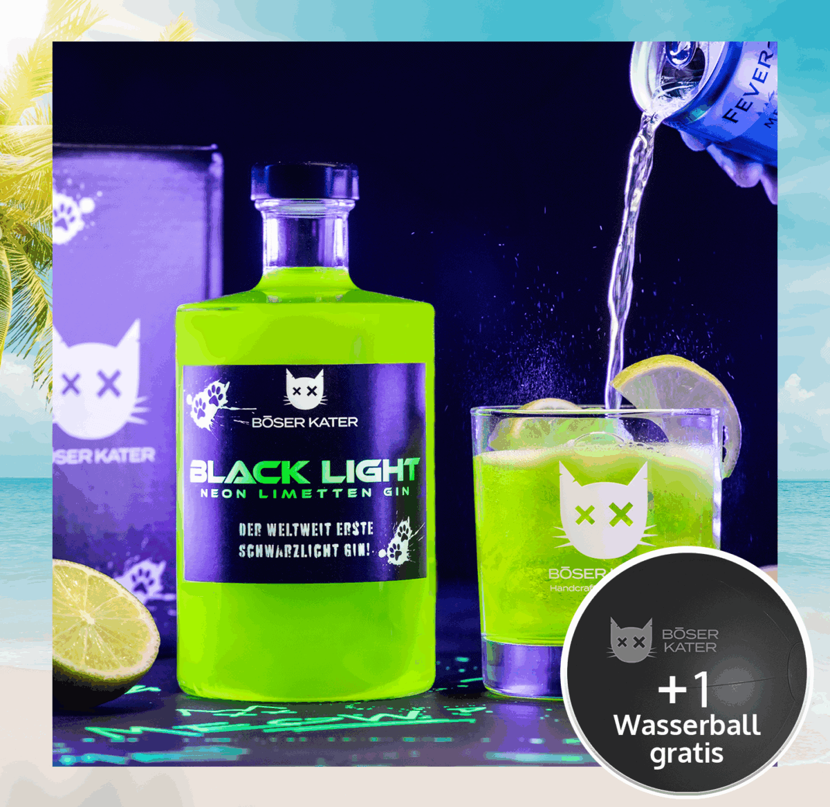 Böser Kater Blacklight Neon Gin mit natürlichem Schwarzlicht-Effekt & Limetten 0,5l 40% Vol.