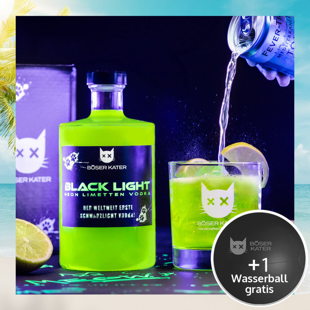 Böser Kater Blacklight Neon Vodka mit natürlichem Schwarzlicht-Effekt & Limetten 0,5l 40% Vol.