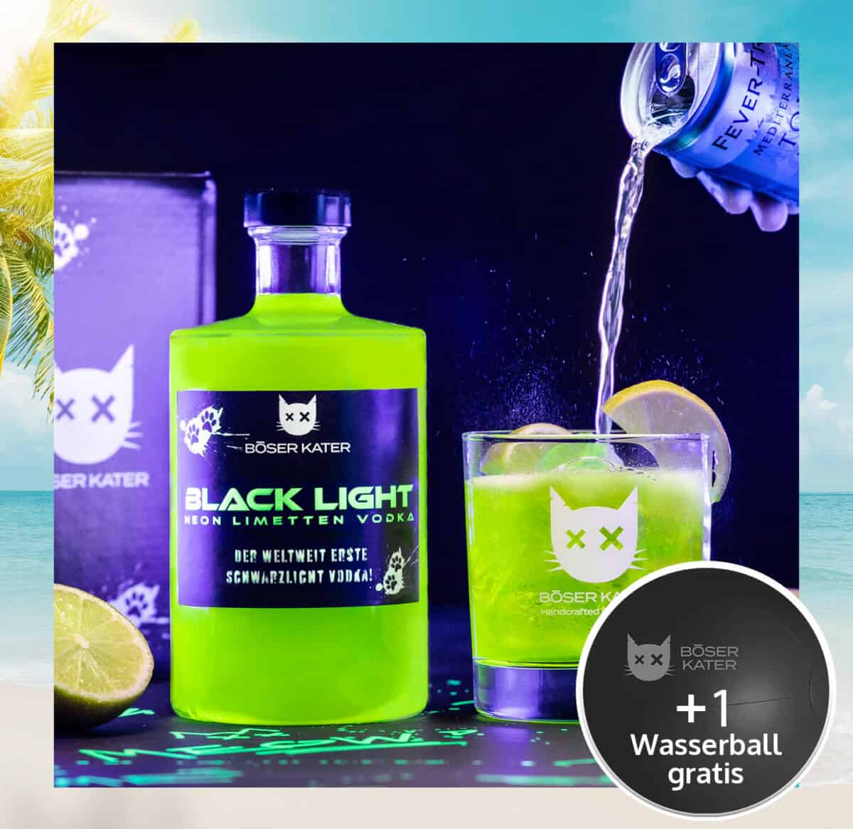 Böser Kater Blacklight Neon Vodka mit natürlichem Schwarzlicht-Effekt & Limetten 0,5l 40% Vol.