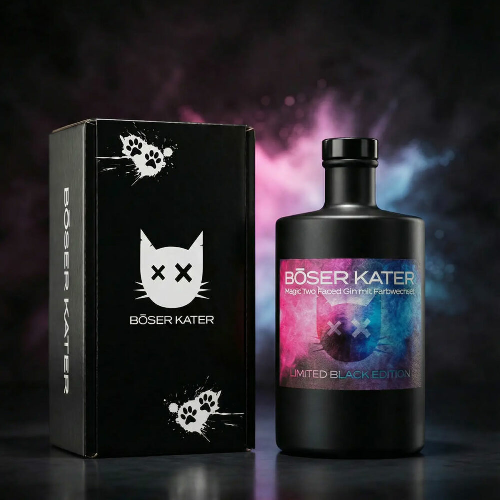 Böser Kater Two Faced Gin Limited Black Edition mit Farbwechsel von Blau zu Violett 40% Vol.
