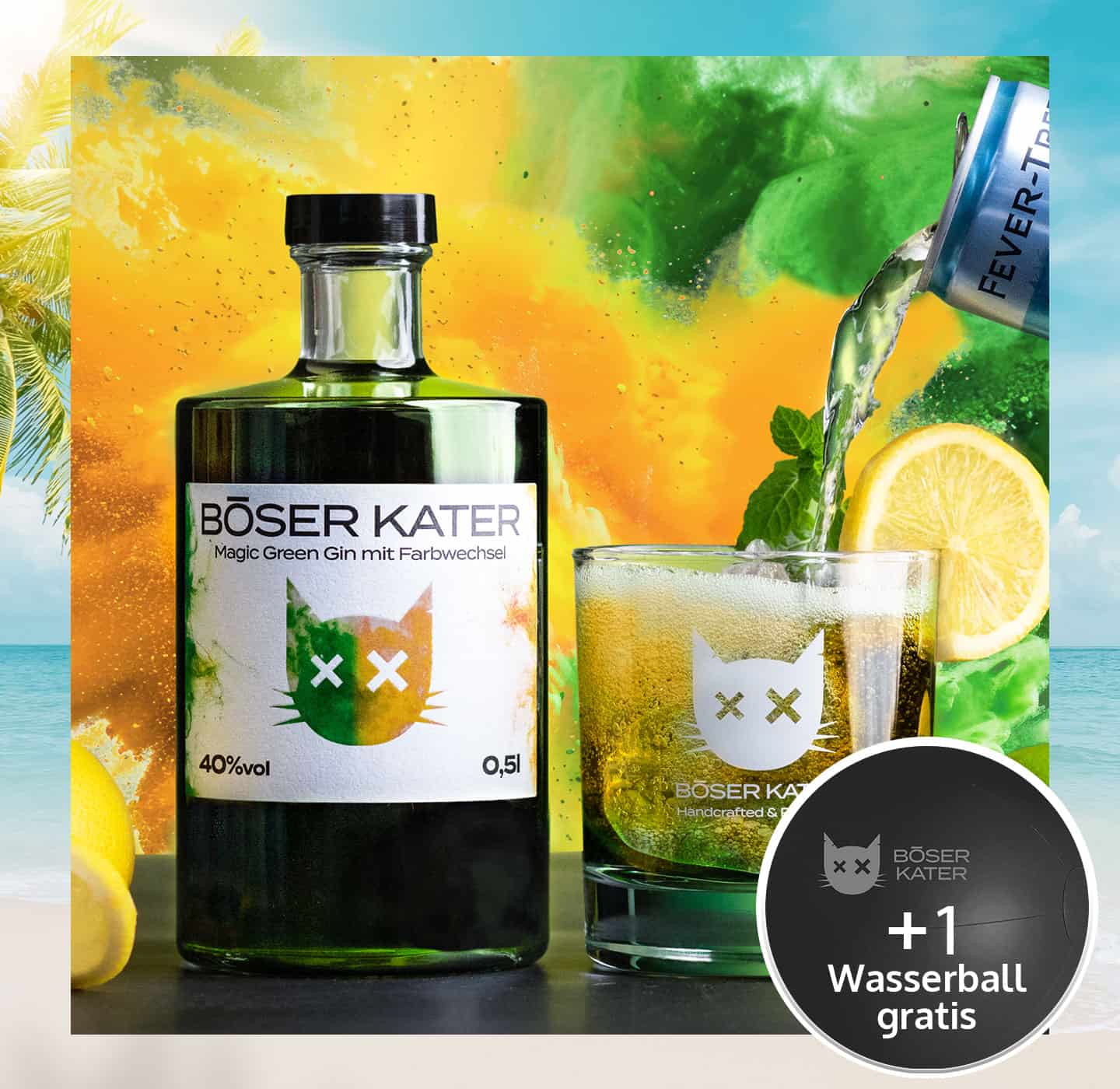Böser Kater Magic Green Gin mit Farbwechsel von Grün zu Gelb-Orange 40% Vol.