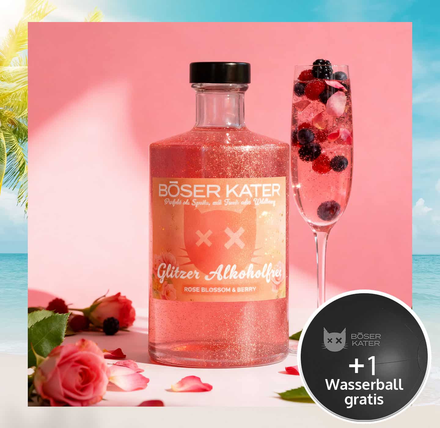 Böser Kater Aperitif Alkoholfrei Rose Blossom & Berry mit Glitzer - Perfekte Basis für Spritz Cocktails 0,5l